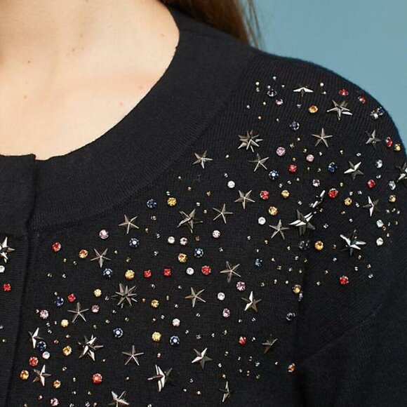 Anthropologie Beaded Stars Cardigan Sweater Womens Small Black Crop Snap Front - Picture 8 of 8